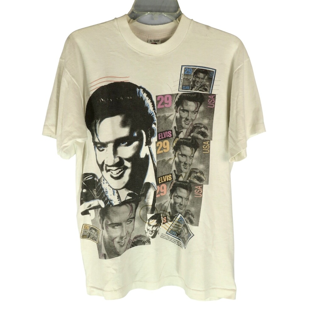 VTG 1992 Off-White Elvis Presley T-Shirt SINGLE STITCH 29c Postage Stamps SZ L